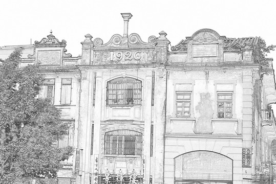 古鎮(zhèn)雕樓線描