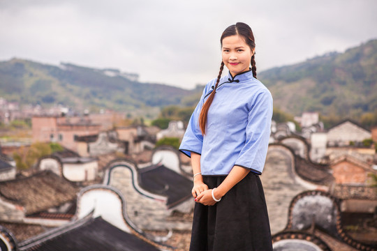 清純民國學(xué)生裝少女古村人像