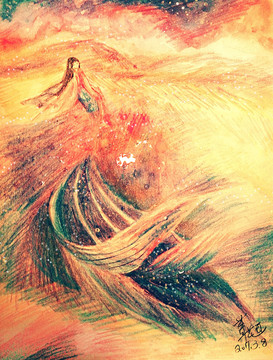 彩鉛水彩畫美人魚星空海復(fù)古