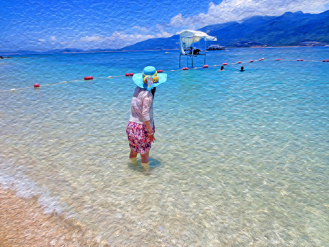 油畫 少女站在海邊的背影