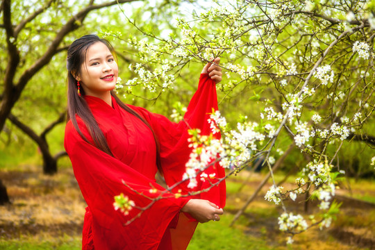 紅色古裝美女賞花