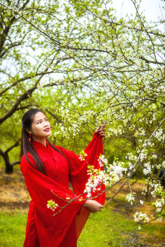 紅色古裝美女賞花