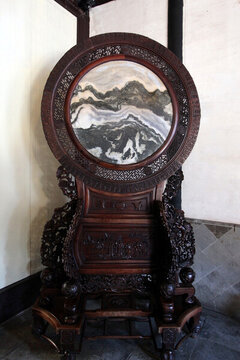 周莊 沈宅 實木 雕刻 理石屏