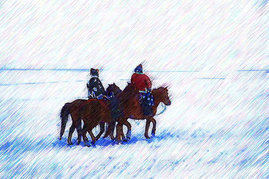 電腦畫 騎馬雪原行
