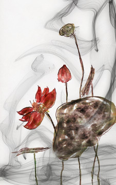 水墨荷花 手繪 合層