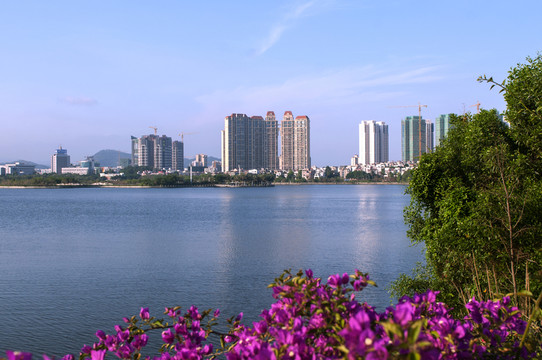 夕陽西下 城市公園 民居 民生