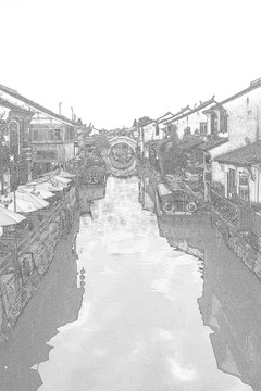 江南水鄉(xiāng)蘇州古鎮(zhèn)線描 合層