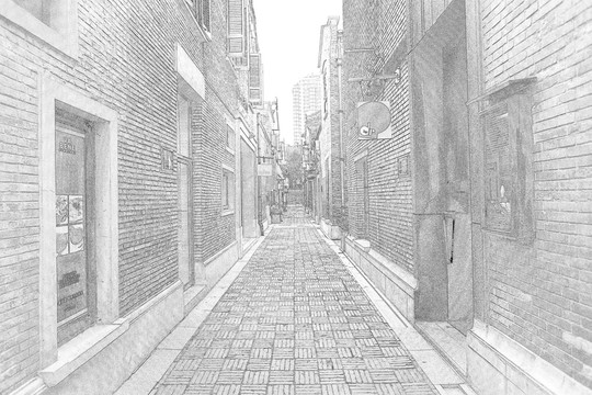 上海新天地石庫門老建筑線描合層