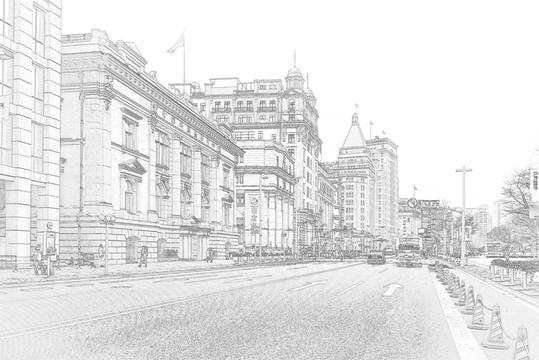 上海外灘老建筑線描合層