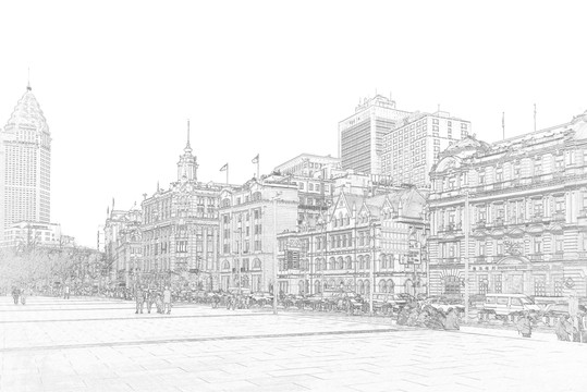 上海外灘老建筑線描合層