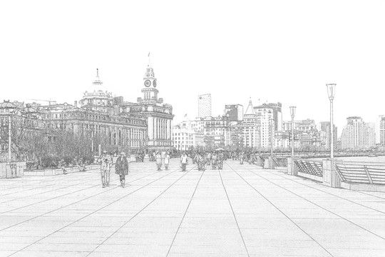 上海外灘老建筑線描合層