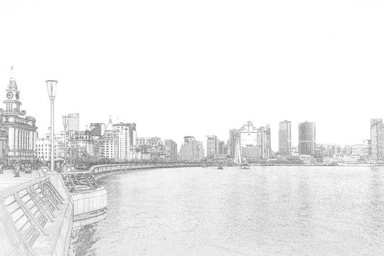 上海外灘老建筑線描合層