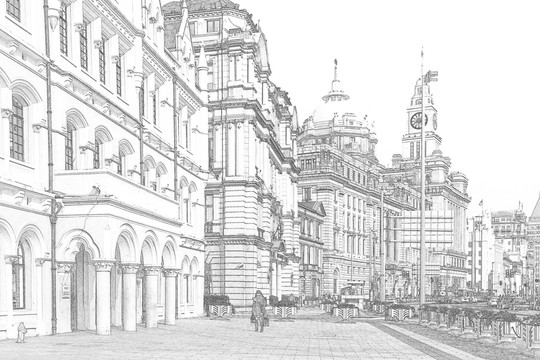上海外灘老建筑線描合層