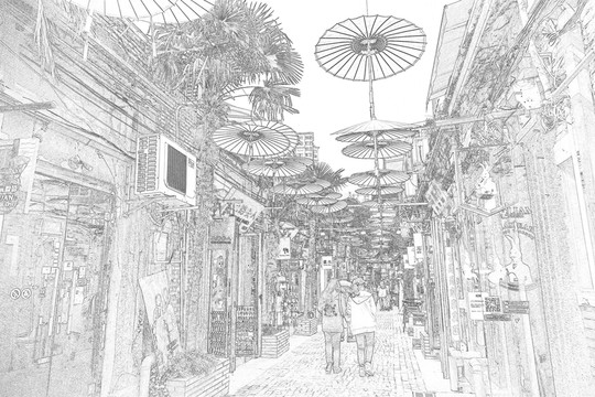 上海新天地石庫門老建筑線描合層