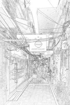上海新天地石庫門老建筑線描合層