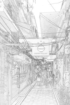 上海新天地石庫門老建筑線描合層