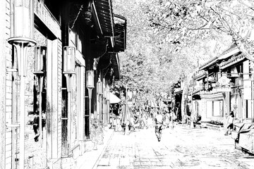 寬窄巷子 成都古鎮(zhèn)線描
