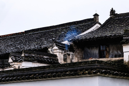 古村落古建筑 徽派古宅 炊煙