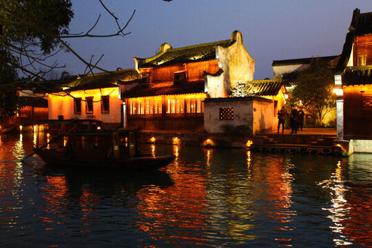 周莊 水鄉(xiāng) 江南建筑 夜景 燈