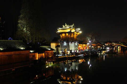 周莊 水鄉(xiāng) 江南建筑 夜景 燈