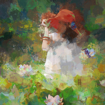 美女荷花油畫