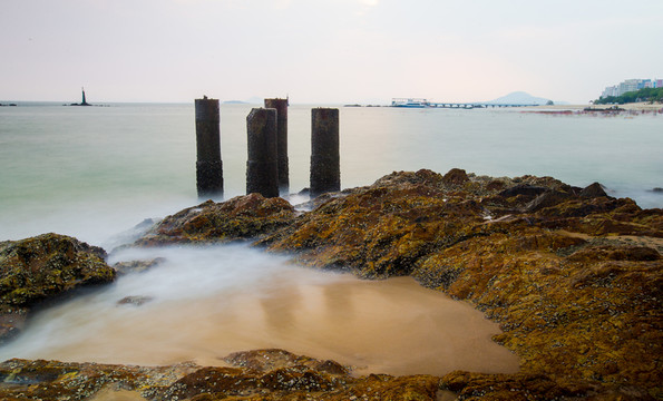 海灘 慢門(mén) 礁石 海浪