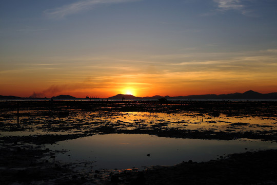 夕陽 晚霞 海灘 灘涂