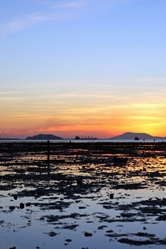 夕陽 晚霞 海灘 灘涂