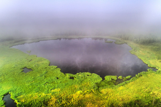 森林湖晨霧風(fēng)景 航拍