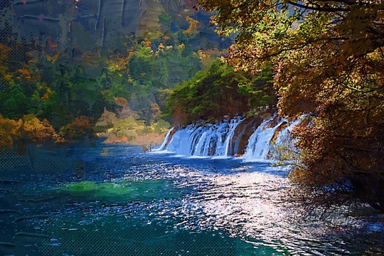 油畫 瀑布 水流
