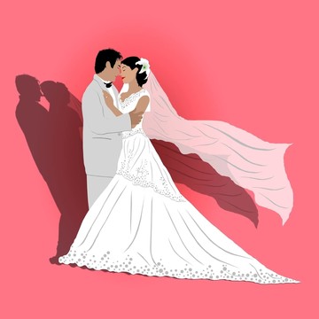 粉紅色背景的新婚夫婦