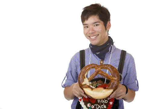 在皮革褲持啤酒節(jié)啤酒節(jié)布雷澤亞洲男人