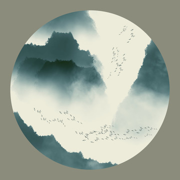 圓形小品水墨山水畫(huà)