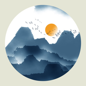 圓形小品水墨山水畫