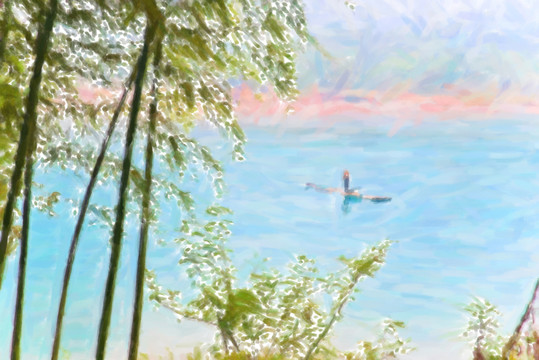 鄉(xiāng)村油畫(huà) 竹林 漁船