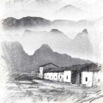 水墨山素描