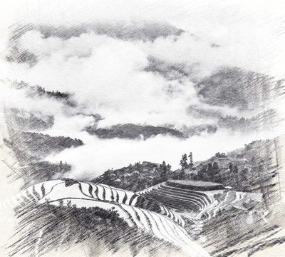 水墨山素描