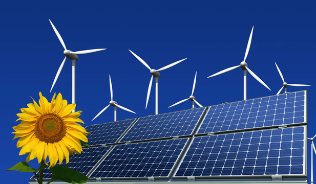 單晶硅太陽能電池板、風(fēng)力渦輪機(jī)和向日葵