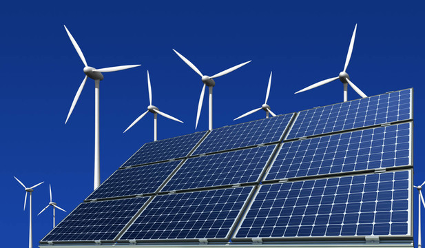 單晶硅太陽(yáng)能電池板和風(fēng)力渦輪機(jī)