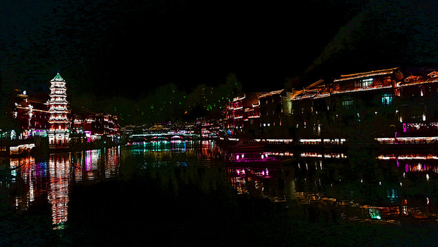 湖南 鳳凰古城 水上建筑 夜景