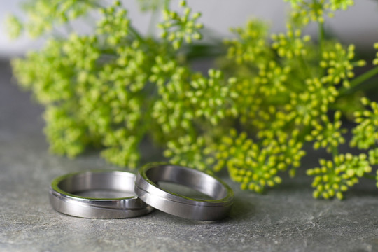 結(jié)婚戒指和綠色的花朵