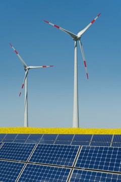 風(fēng)力渦輪機(jī)和太陽(yáng)能電池板在油菜田里