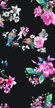 玫瑰鳥花印花圖