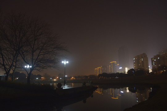 雨夜湖邊城市夜景