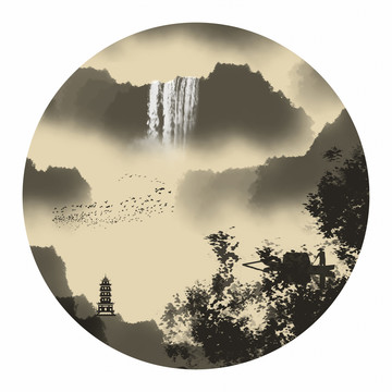 圓形小品水墨畫山水