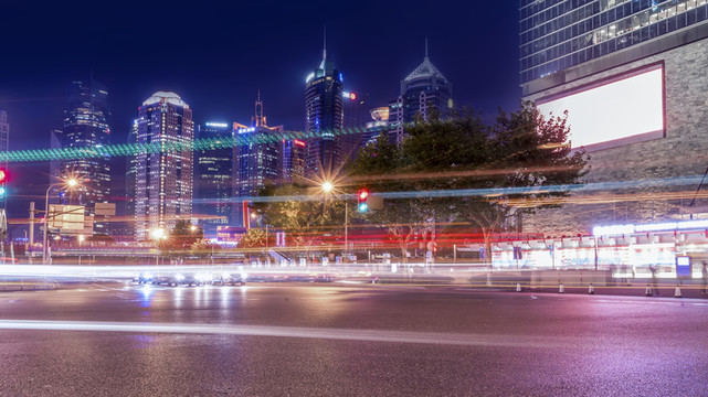 上海陸家嘴城市道路建筑夜景
