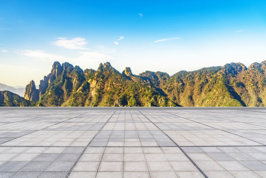 城市道路廣場磚 和遠山