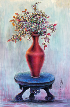 绘画  红色花瓶