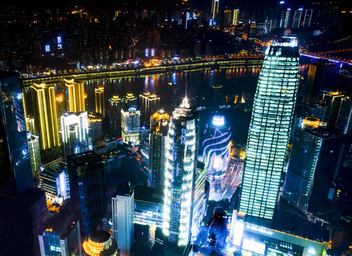 俯瞰重慶城市建筑夜景摩天大樓