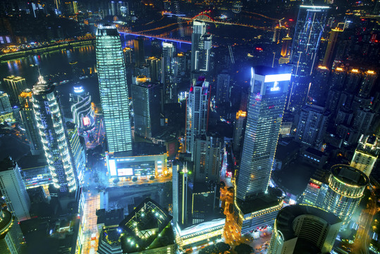 俯瞰重慶城市建筑夜景摩天大樓